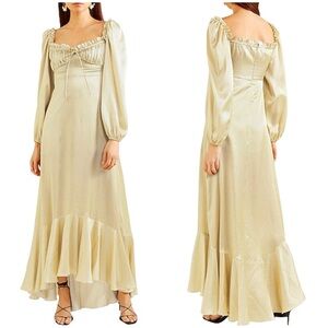 NWT Raquel Diniz Alice Silk Satin Maxi Dress Yellow Black Polka Dot Sz 38